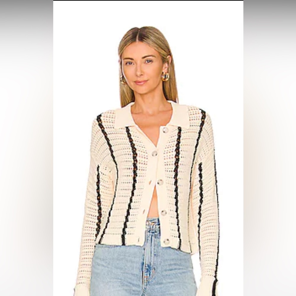 Monrow Crochet Knit Cardigan in Buttercream and Black
